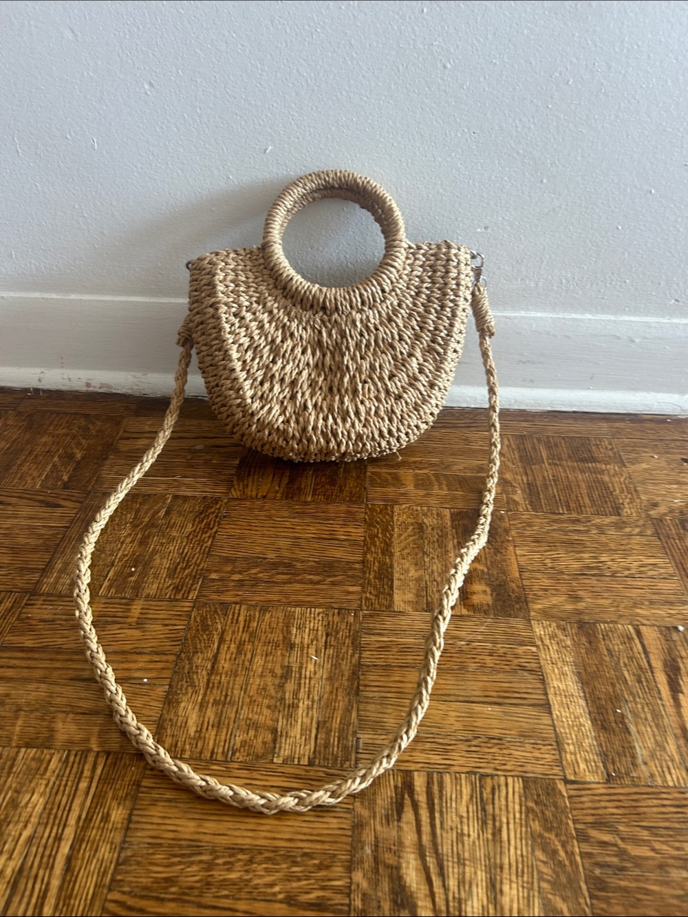 Woven Straw Circle-Handle Crossbody Bag in Natural